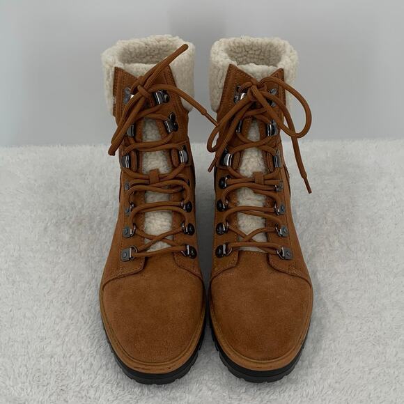 Marc Fisher Womens 10M Isabel Boots Brown Leather Suede Lace Up Faux Fur Winter - Picture 2 of 13